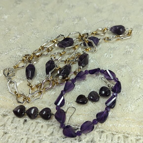 Vintage Estate Amethyst? Ametrine? Beaded Gold Tone Necklace Earrings Bracelet - Picture 2 of 10